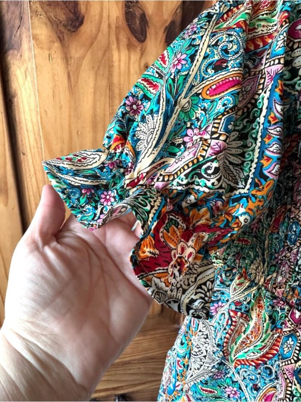 Bohemian Paisley Puff Sleeve Multi-Colour Summer Smocked Mini Dress - L - Picture 4 of 13